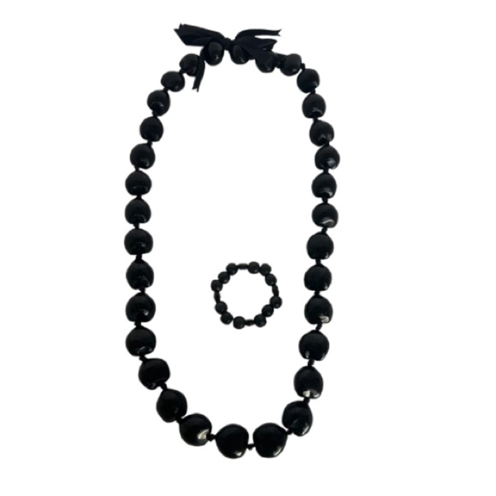 Hawaiian Black Kiki Nut Lei Necklace And Stretch Bracelet Set Luau Graduation